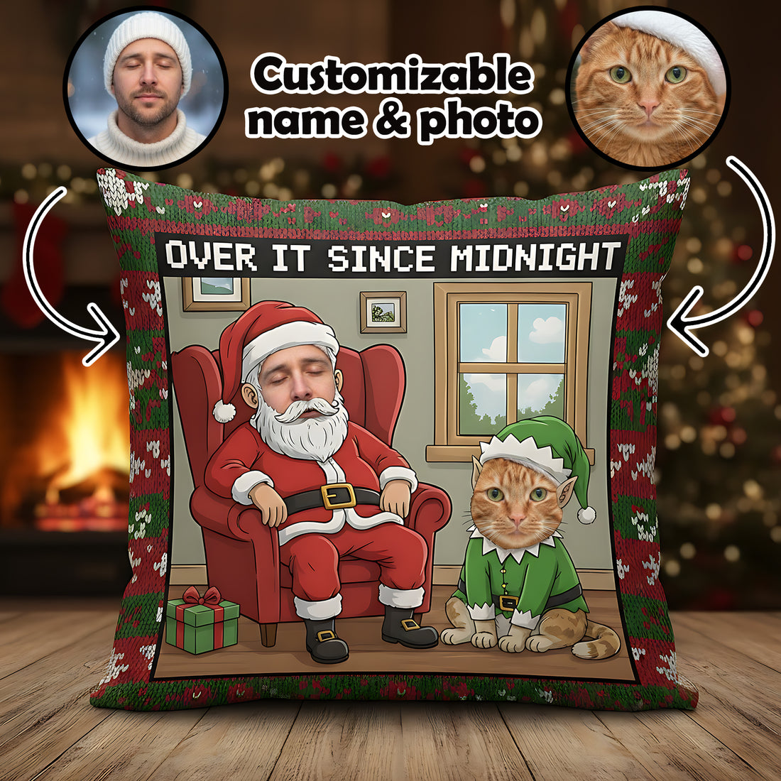 Funny Christmas Pillow – Custom Cat & Person Photo, Over It Since Midnight, Grumpy Santa & Elf Gift, Personalized Holiday Decor | Pillow 89
