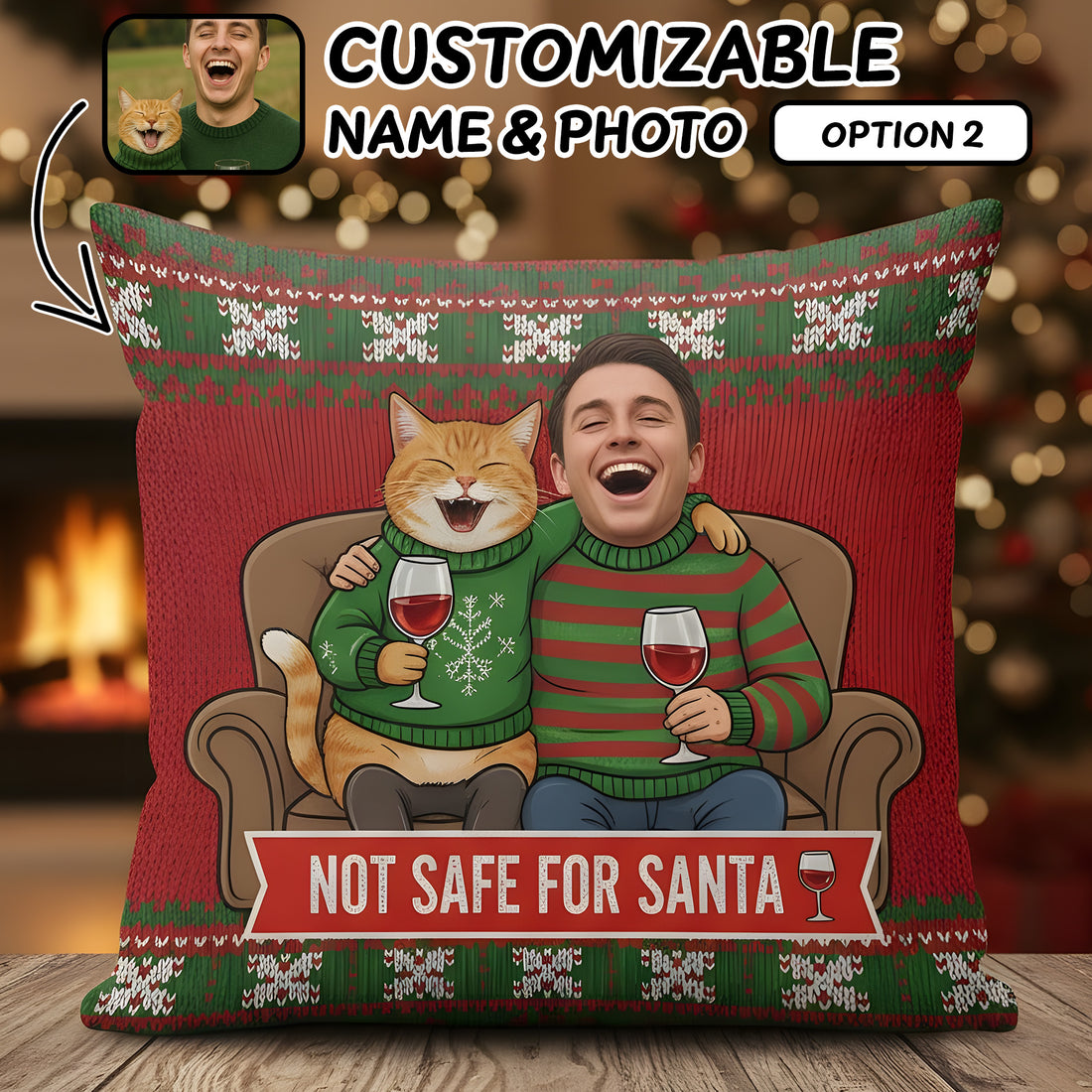Funny Custom Pet Christmas Pillow – Party Animals Not Safe for Santa – Personalized Dog Cat Gift – Funny Holiday Wine Cushion Decor| Pillow 79