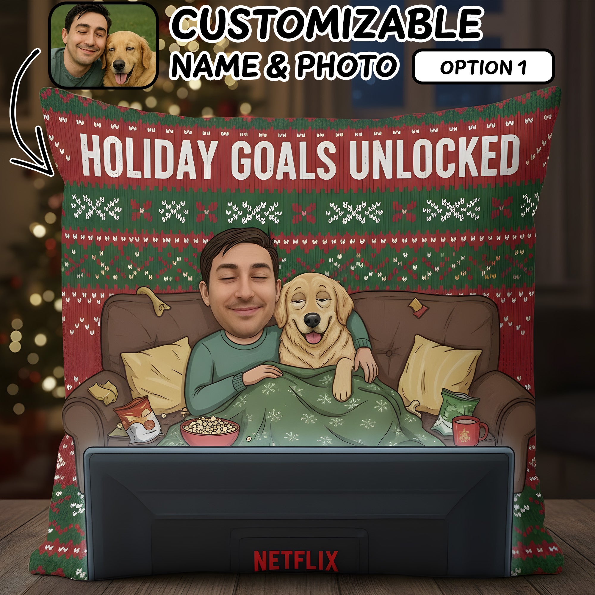 Custom Pet Christmas Pillow Combo – Holiday Goals Unlocked, Personalized Dog & Cat Photo Gift, Cozy Holiday Decor | Pillow 96