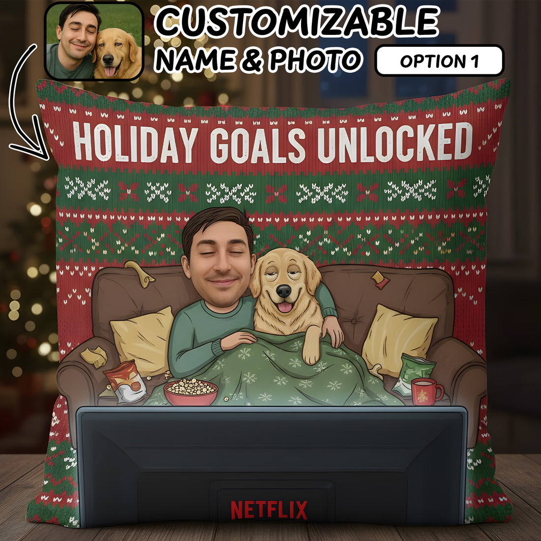 Funny Custom Pet Photo Christmas Pillow – Holiday Goals Unlocked – Personalized Pillow – Cozy Gift for Pet Lovers | Pillow 96