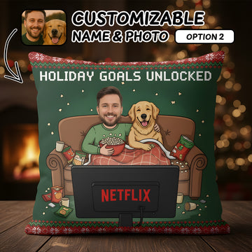 Funny Custom Pet Photo Christmas Pillow – Holiday Goals Unlocked – Personalized Pillow – Cozy Gift for Pet Lovers | Pillow 96
