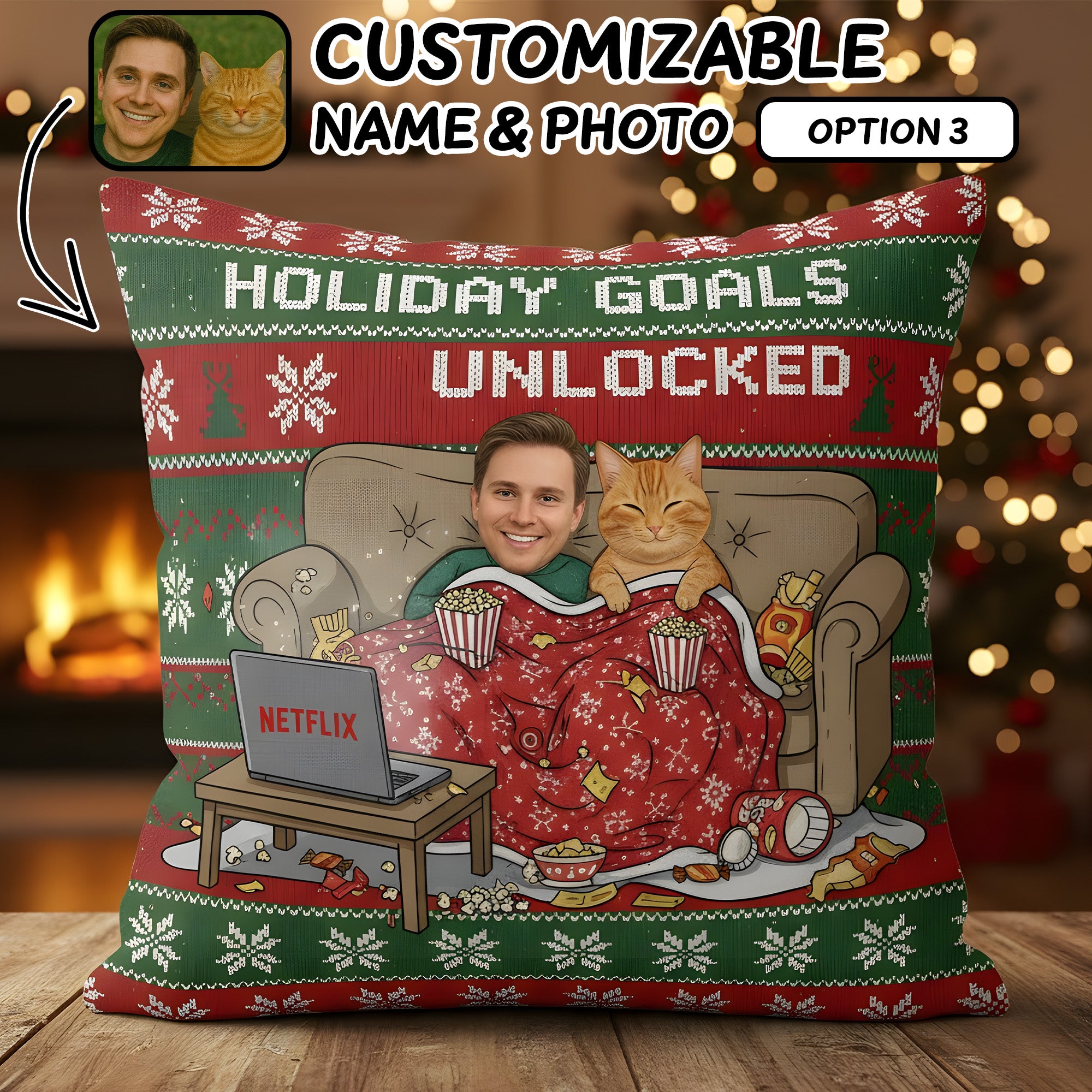 Custom Pet Photo Christmas Pillow – Cozy Holiday Goals Unlocked Cushion – Personalized Pet Face Gift for Pet Lovers | Pillow 96