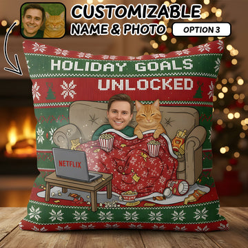 Custom Pet Photo Christmas Pillow – Cozy Holiday Goals Unlocked Cushion – Personalized Pet Face Gift for Pet Lovers | Pillow 96