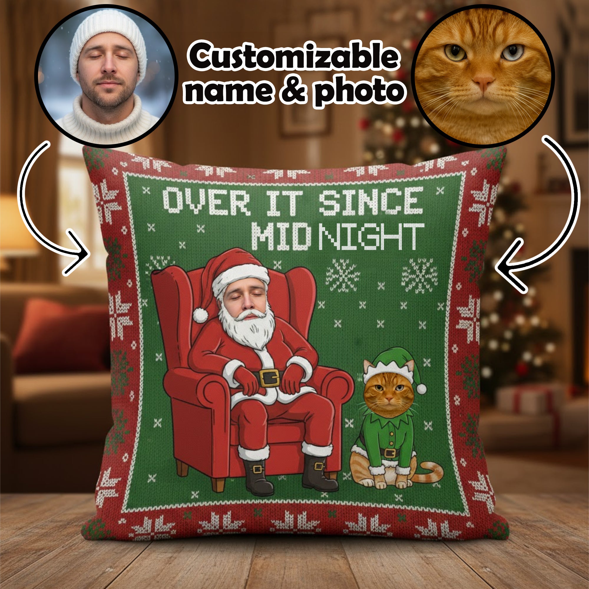 Funny Christmas Pillow – Custom Cat & Person Photo, Over It Since Midnight, Grumpy Santa & Elf Gift, Personalized Holiday Decor | Pillow 89