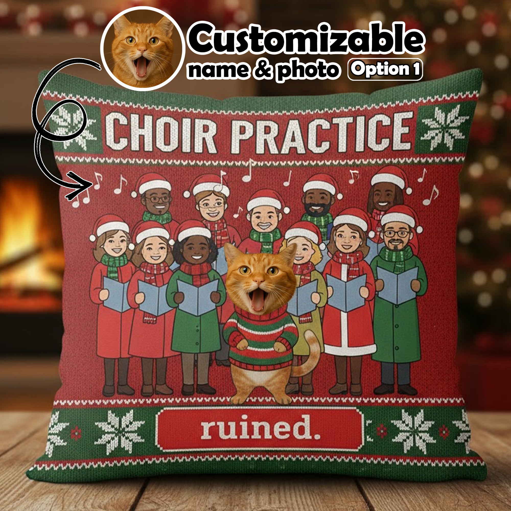 Funny Pet Christmas Pillow Set – Custom Cat Photo & Name, Holiday Choir Gift, Caroling Chaos, Hilarious Xmas Decor | Pillow 95