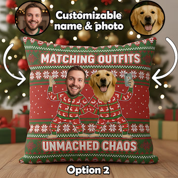 Funny Matching Outfits Pillow – Custom Dog Photo Cushion – Unmatched Chaos Christmas Gift – Personalized Pet Lover Throw Pillow – Pet Parent Holiday Decor | Pillow78