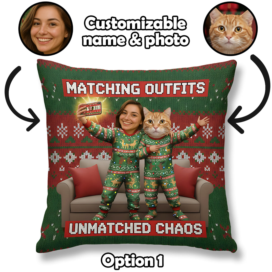 Funny Matching Outfits Pillow – Custom Dog Photo Cushion – Unmatched Chaos Christmas Gift – Personalized Pet Lover Throw Pillow – Pet Parent Holiday Decor | Pillow78
