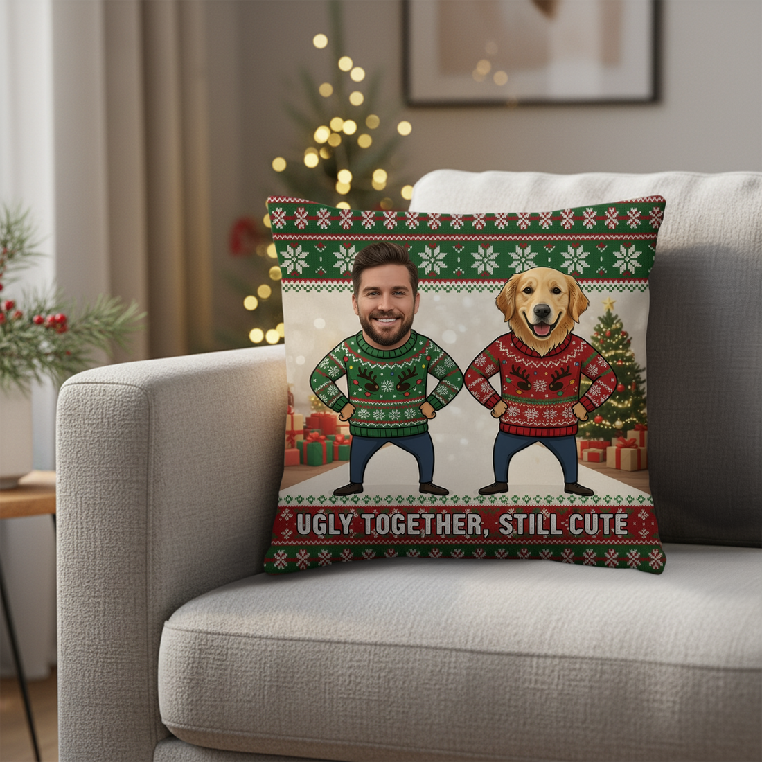 Personalized Christmas Pillow – Custom Pet & Owner Face | Funny Holiday Gift | “Ugly Together, Still Cute” Linen Pillow|Pillow07