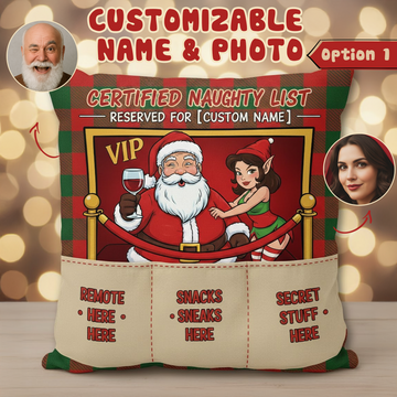 Personalized Christmas Naughty List Pillow with Pockets | Custom Name & Photo | Funny Santa Gift for Adults | Couch Snack & Remote Holder | Pillow 113