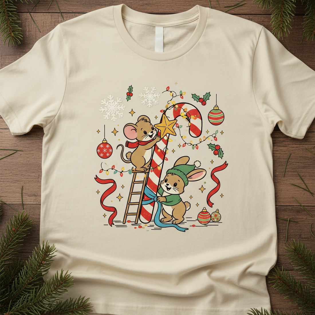 Cute Mouse and Bunny Christmas T-Shirt, Candy Cane Holiday Tee, Funny Xmas Shirt, Adorable Animal Lover Gift, Festive Winter Outfit | T-shirt 11