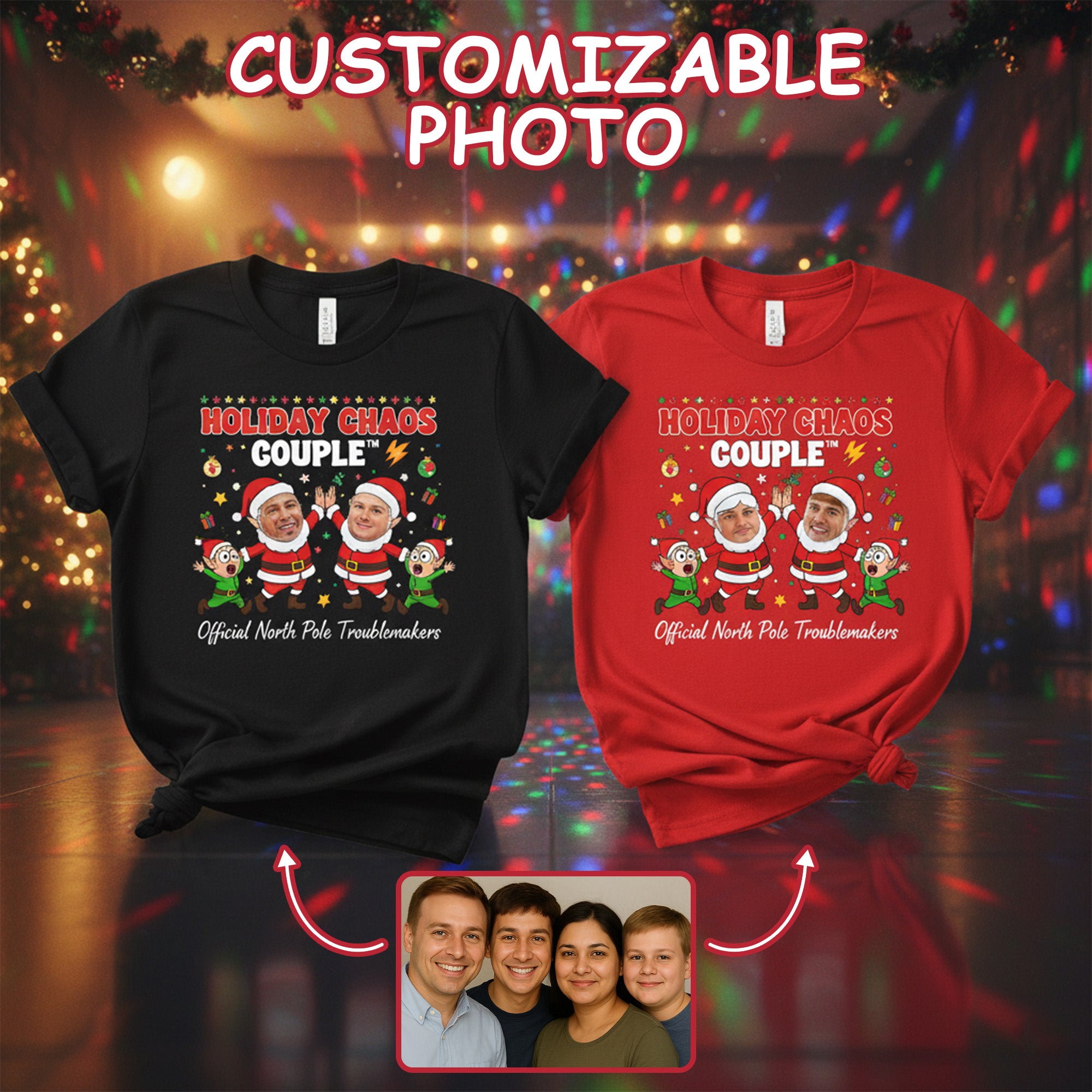 Holiday Chaos Couple Custom Photo T-Shirt, Funny Christmas Tee, Personalized Santa Shirt, Matching Couple Gift, Xmas Humor, Holiday Outfit | T-shirt 49