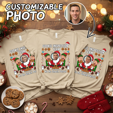 Custom Photo Cookie Inspection Team Christmas T-Shirt, Funny Santa Elf Tee, Personalized Holiday Family Shirt, Xmas Gift for Friends | T-shirt 17