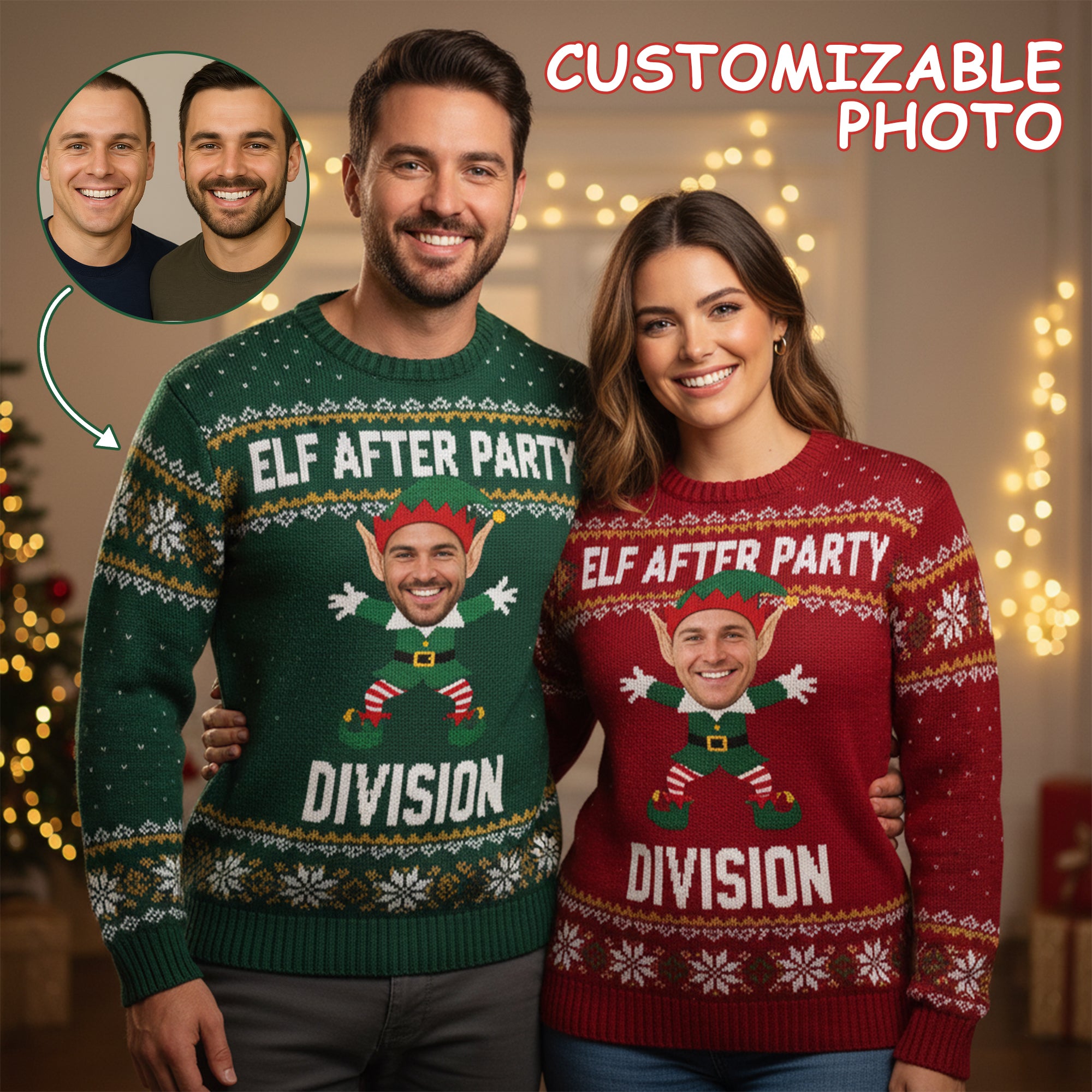 Customizable "Elf After Party Division" Ugly Christmas Sweater, Fun Holiday Design, Personalized Photo, Couples & Family Matching Gift | Ugly 60