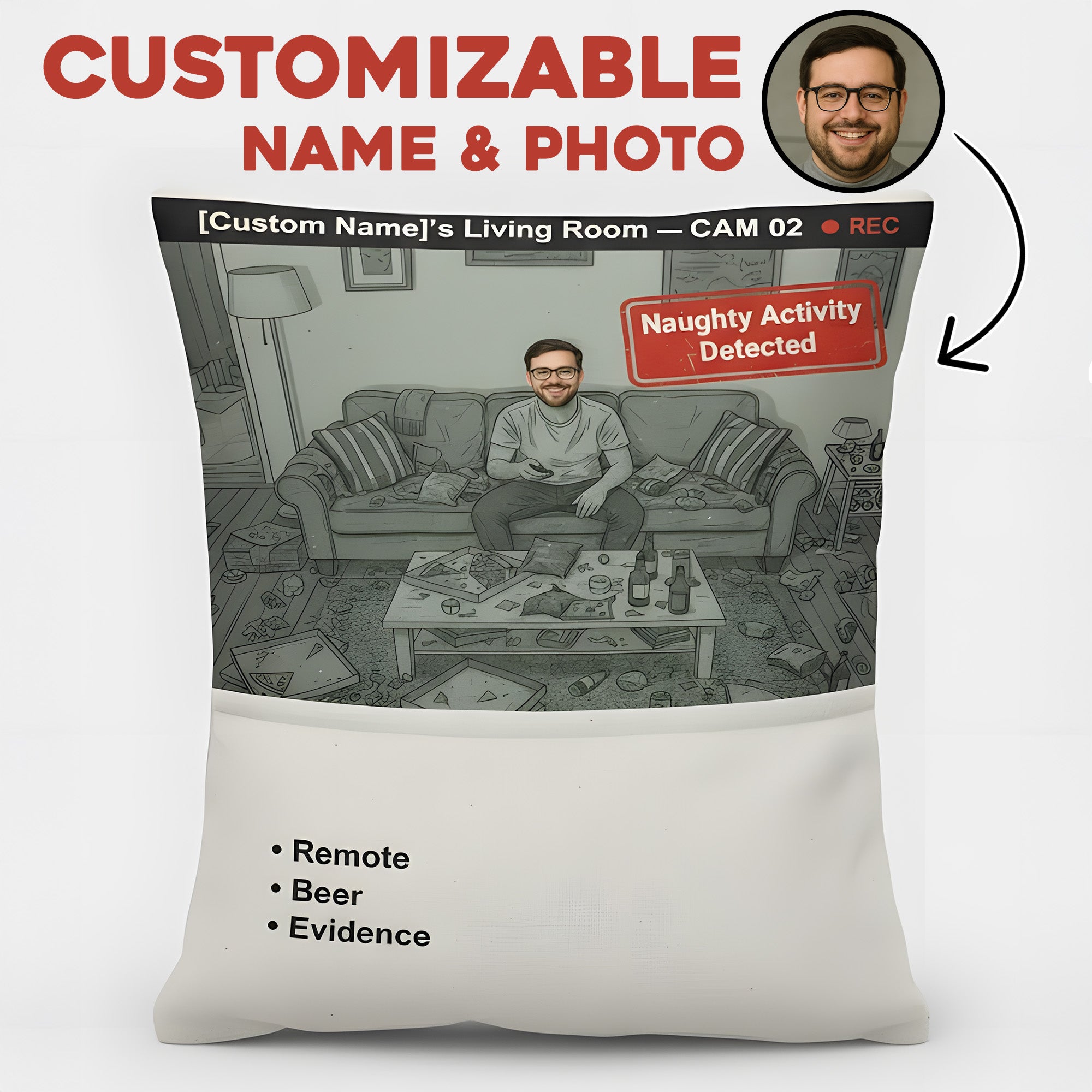 Custom Naughty Activity Detected Pillow – Funny CCTV Camera Design, Personalized Photo Linen Cushion | Pillow63