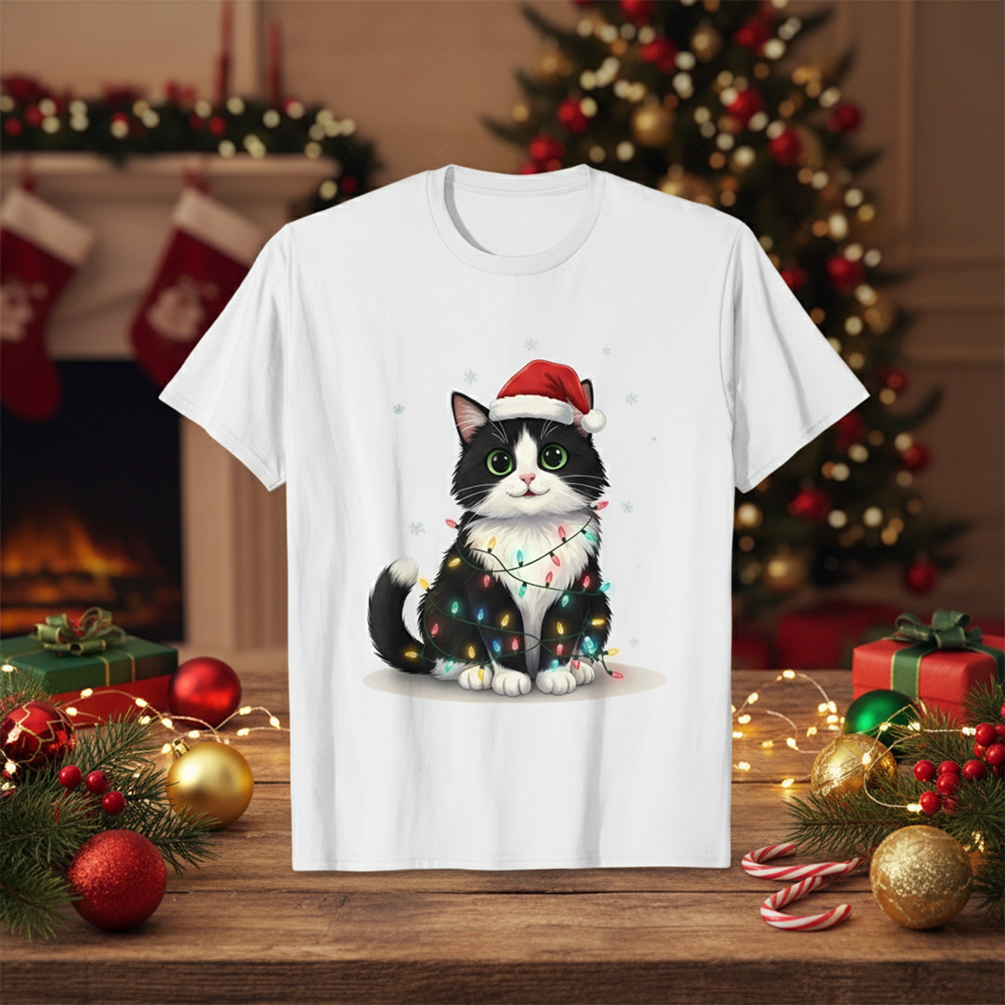 Cute Christmas Cat T-Shirt, Santa Hat Cat Tee, Funny Holiday Shirt for Cat Lovers, Xmas Gift Idea, Festive Pet Lover Top, Holiday Outfit | T-shirt 52