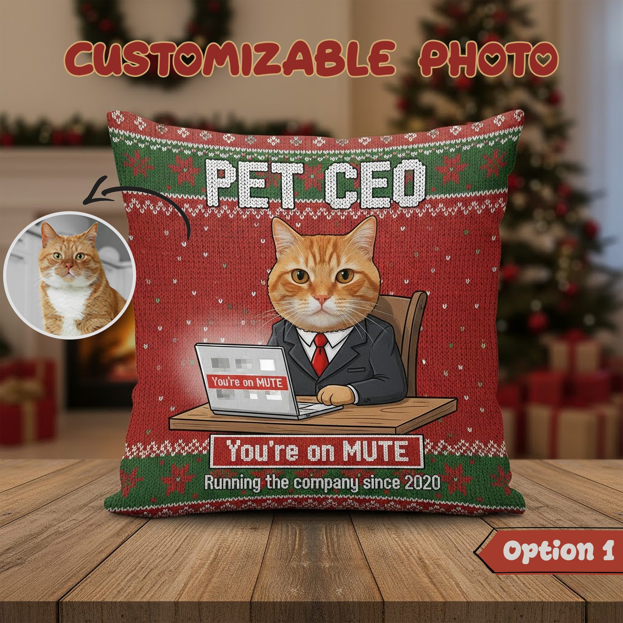 Custom Pet Christmas Pillow – “Pet CEO” & “Tree O” Funny Cat Office Cushion, Personalized Pet Face Gift, Holiday Home Decor | Pillow 90