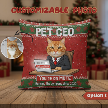 Custom Pet Christmas Pillow – “Pet CEO” & “Tree O” Funny Cat Office Cushion, Personalized Pet Face Gift, Holiday Home Decor | Pillow 90