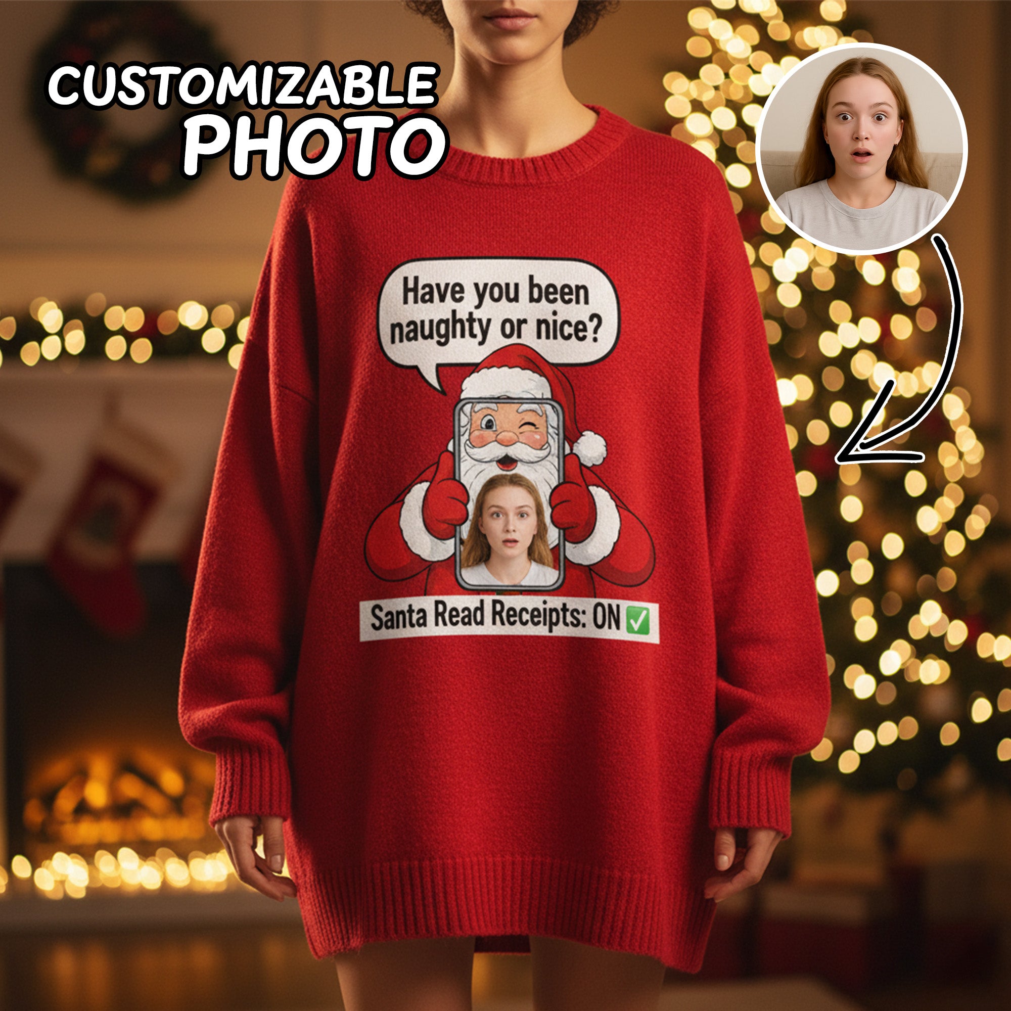 Santa Read Receipts Christmas Sweater – Customizable Photo, Funny Naughty or Nice Jumper| Ugly 16