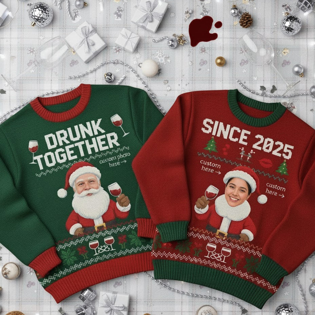Drunk Together Christmas Ugly Sweater – Customizable Photo Santa and Elf Jumper, Funny Holiday Wine Sweater for Xmas Parties | Ugly 63