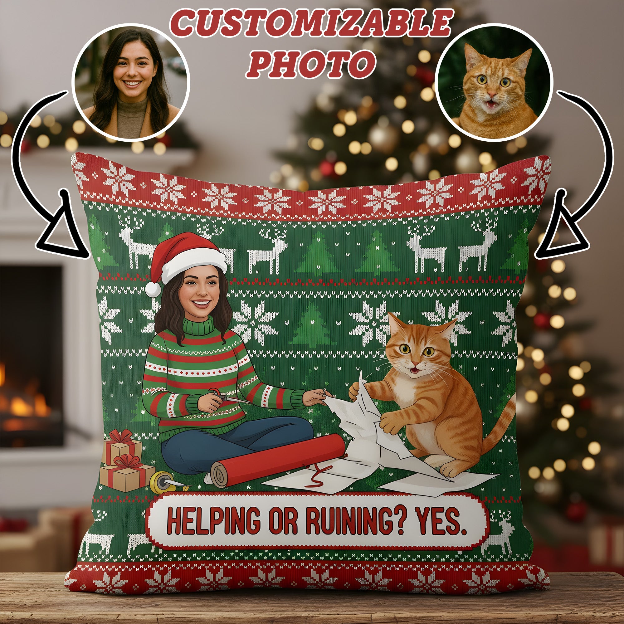 Personalized Cat & Owner Christmas Pillow | Custom Face Pet Gift | Funny Holiday Decor | Helping or Ruining Yes | Gift for Pet Lovers | Pillow43