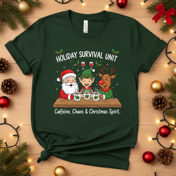 Holiday Survival Unit Christmas T-Shirt, Funny Santa Elf Reindeer Tee, Caffeine Chaos & Christmas Spirit Shirt, Festive Gift for Friends | T-shirt 21