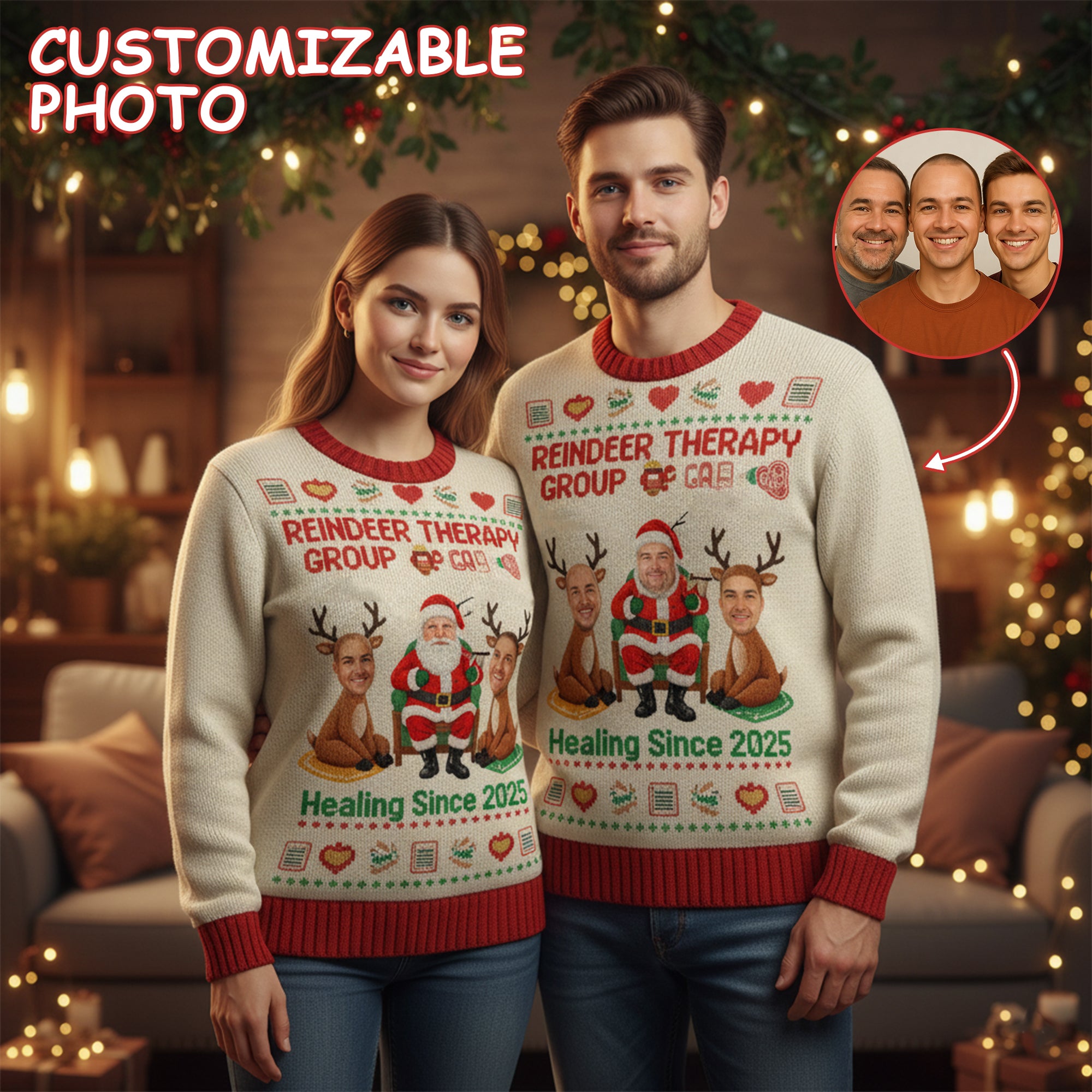 Reindeer Therapy Group Ugly Christmas Sweater – Customizable Photo, Funny Holiday Jumper, Healing Since 2025 | Ugly 64