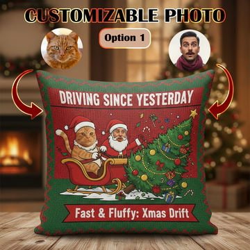 Funny Custom Pet Christmas Pillow – “Fast & Fluffy Xmas Drift” Personalized Pet & Owner Cushion, Custom Face Gift, Holiday Home Decor | Pillow 42