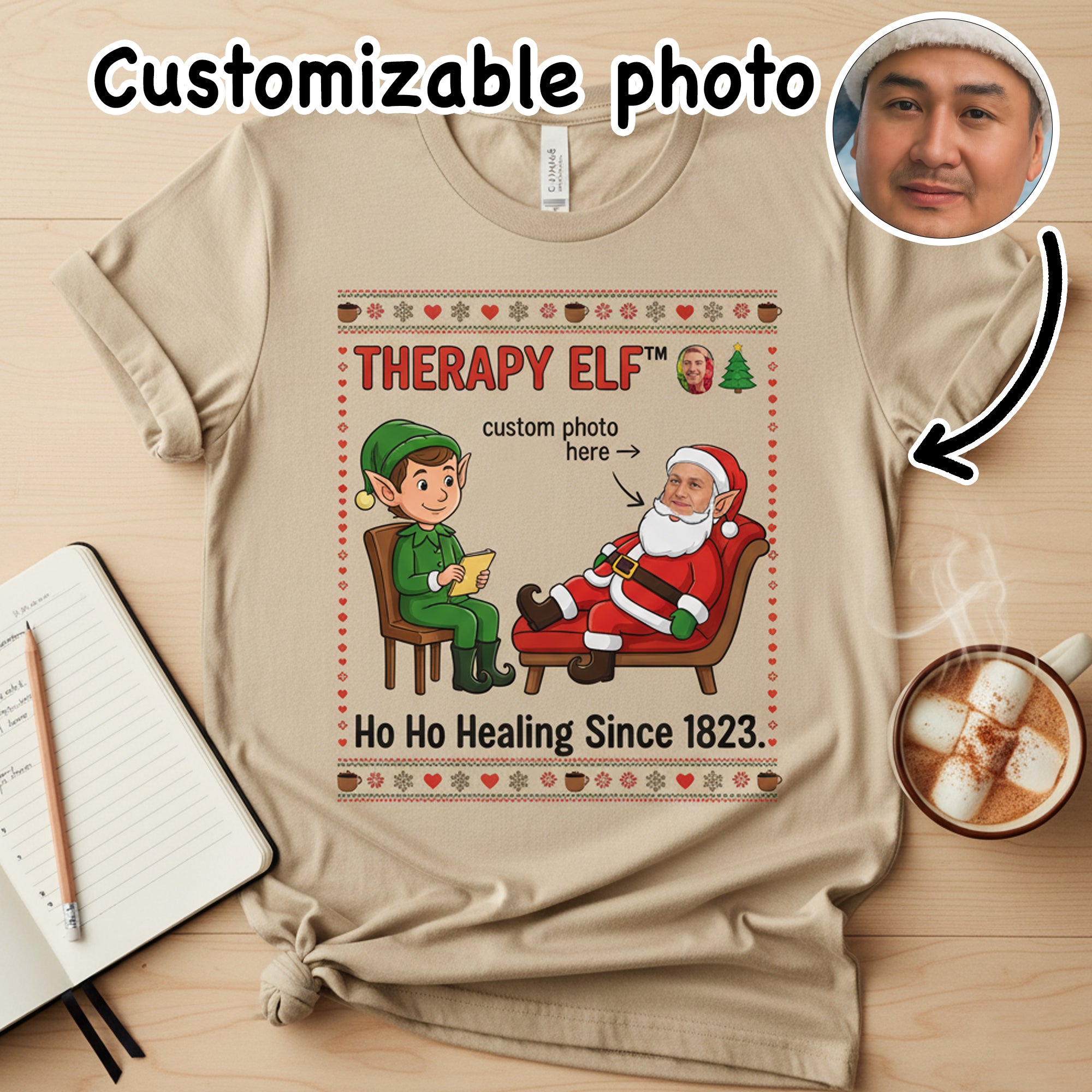 Therapy Elf Custom Photo Christmas T-Shirt, Funny Personalized Santa Tee, Holiday Humor Shirt, Xmas Gift for Him Her, Matching Family Top | T-shirt 8
