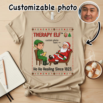 Therapy Elf Custom Photo Christmas T-Shirt, Funny Personalized Santa Tee, Holiday Humor Shirt, Xmas Gift for Him Her, Matching Family Top | T-shirt 8