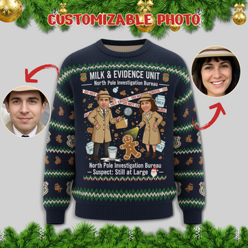 Custom Photo Ugly Christmas Sweater, Funny Detective Xmas Jumper, Milk & Evidence Unit, Personalized Couple Holiday Gift | Ugly 15