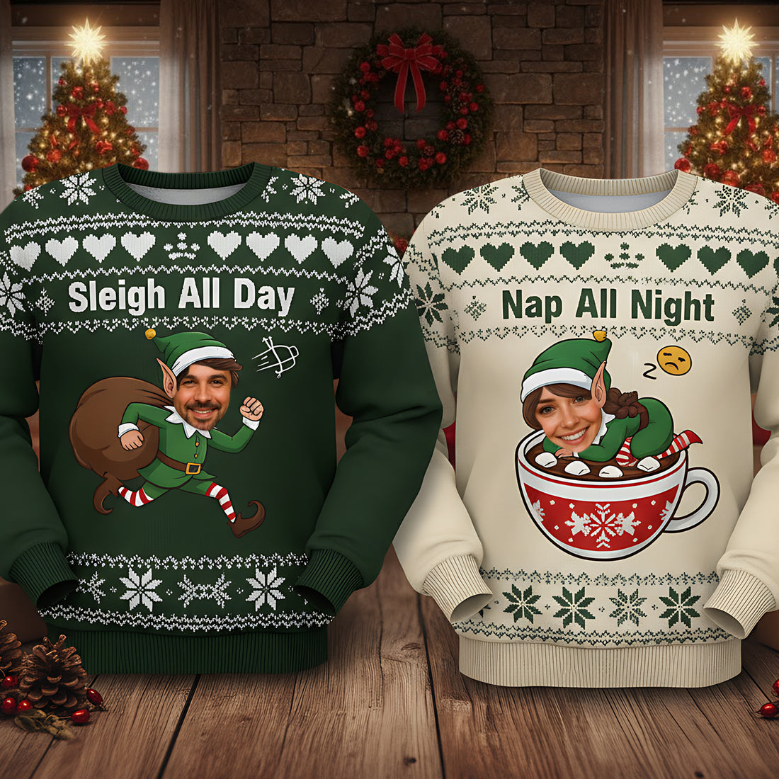 Custom Photo Couple Ugly Christmas Sweater, Sleigh All Day, Nap All Night, Funny Matching Xmas Jumper, Personalized Face Holiday Gift | Ugly 45