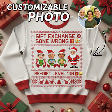 Gift Exchange Gone Wrong Ugly Christmas Sweater – Customizable Photo, Funny Re-gift Level 100 Jumper for Holidays | Ugly 39