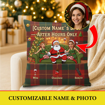 Custom Christmas Pillow – Personalized Santa’s After Hours Only Linen Cushion | Funny Holiday Decor Gift with Photo & Name | Pillow2