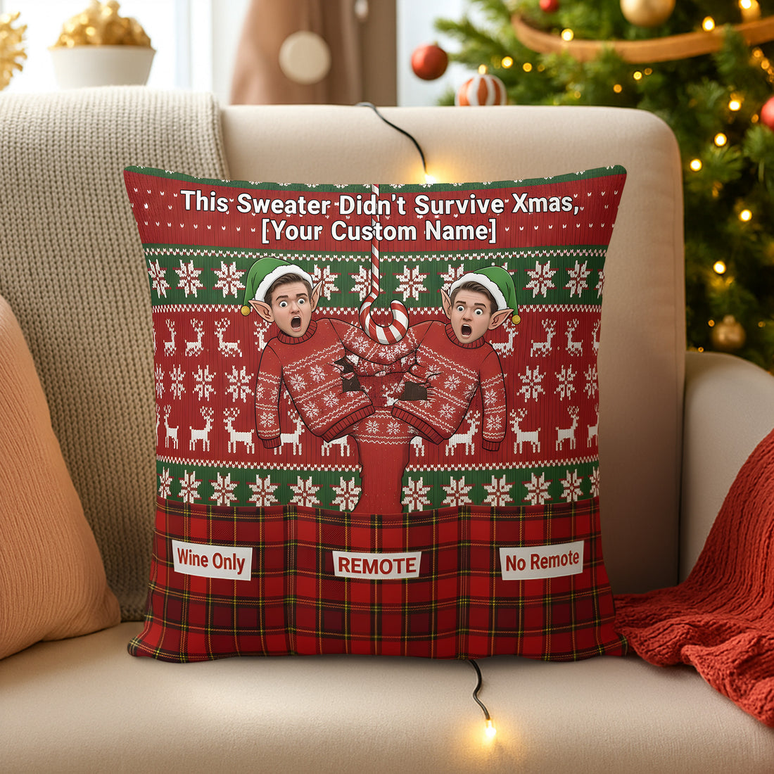 Personalized Funny Christmas Pillow | Custom Face & Name Cushion | Ugly Sweater Xmas Decor | Hilarious Holiday Gift for Friends | Pillow66