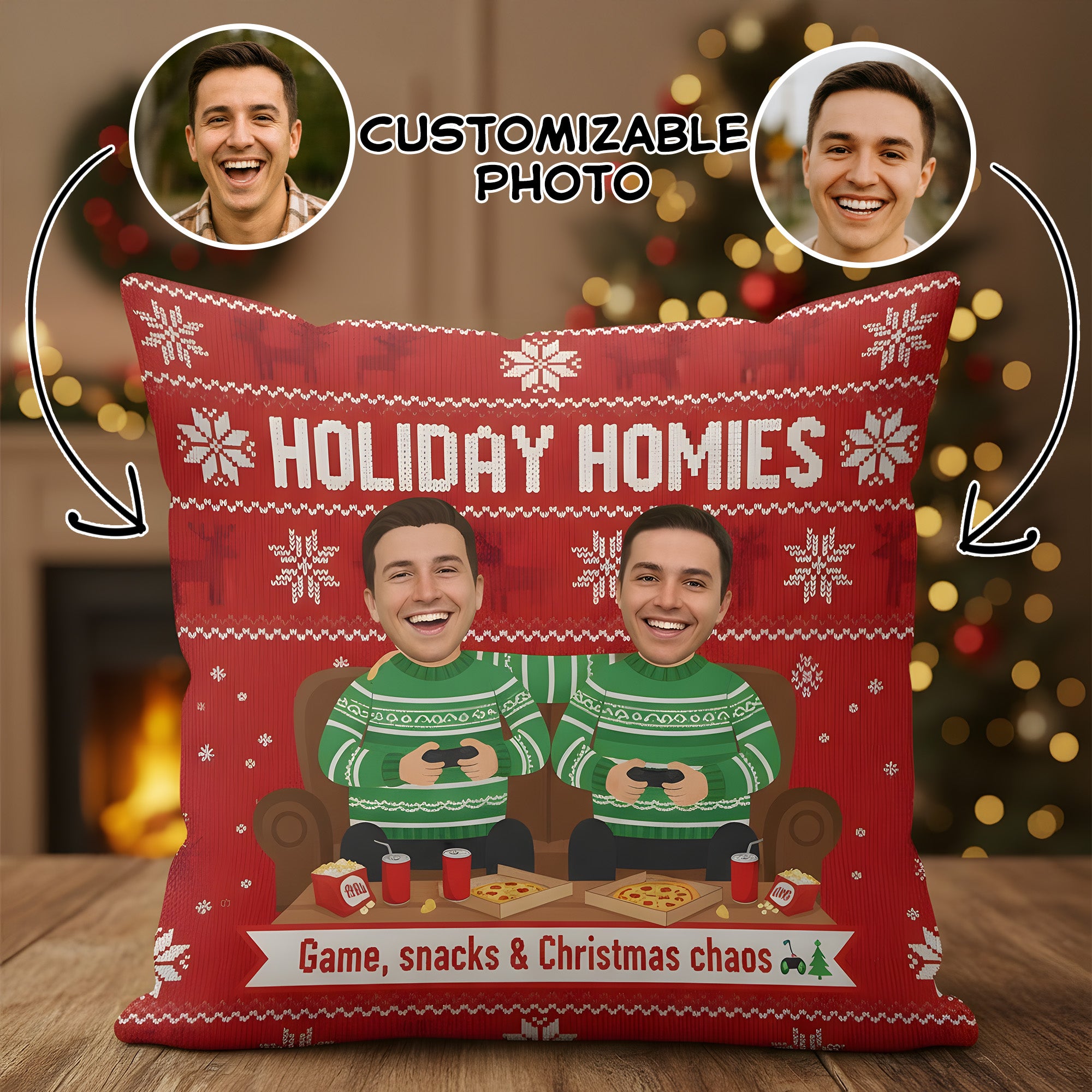 Holiday Homies Pillow – Game, Snacks & Christmas Chaos | Custom Christmas Gift for Friends & Family| Pillow28