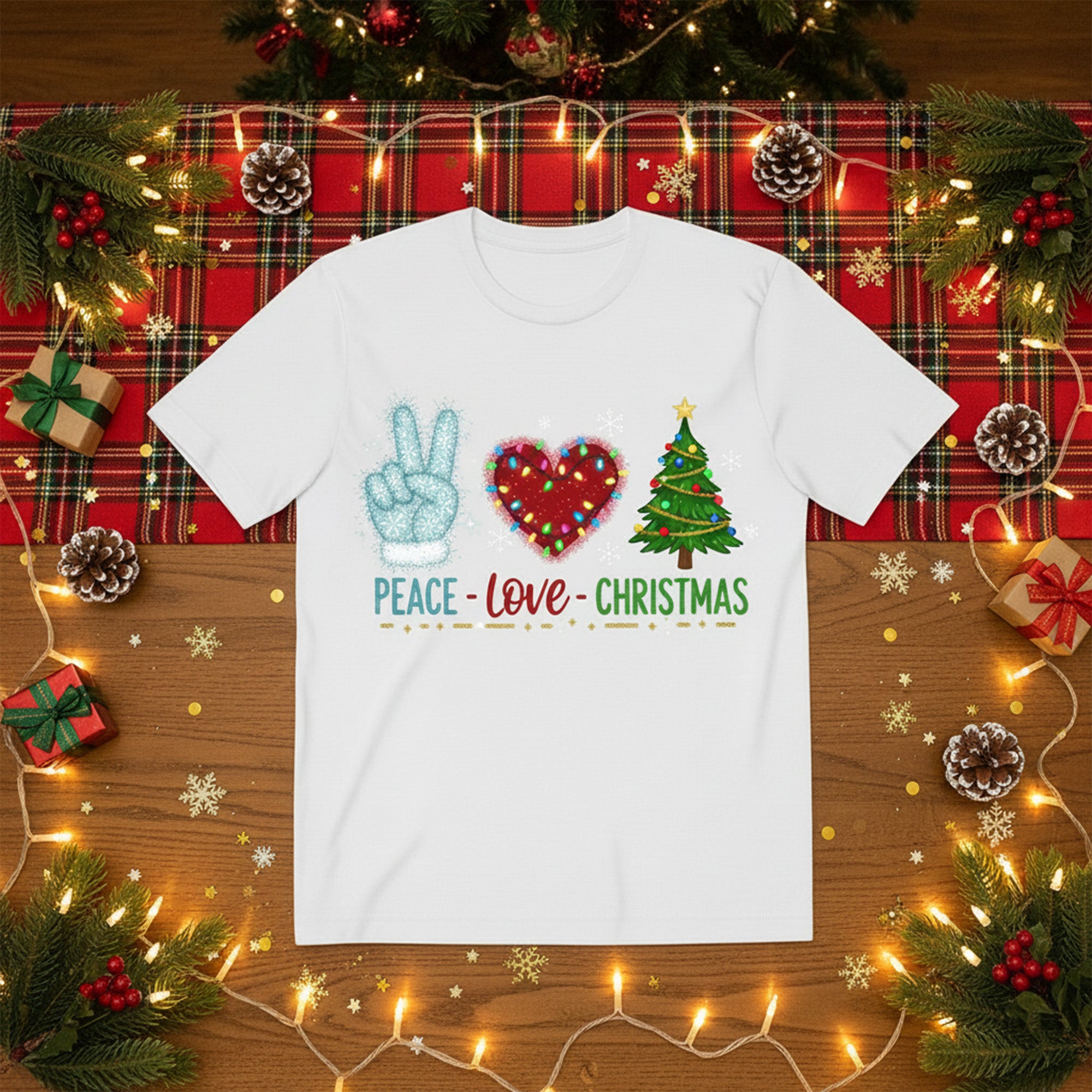 Peace Love Christmas T-Shirt, Cute Holiday Lights Tee, Festive Xmas Shirt for Women & Men, Funny Christmas Gift, Holiday Family Outfit | T-shirt 64