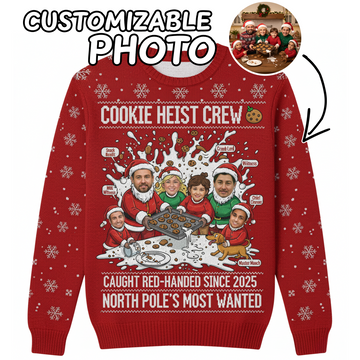 Custom Family Photo Ugly Christmas Sweater – Cookie Heist Crew | Funny Matching Family Xmas Sweatshirt | Personalized Face Ugly Sweater 2025 | Ugly67