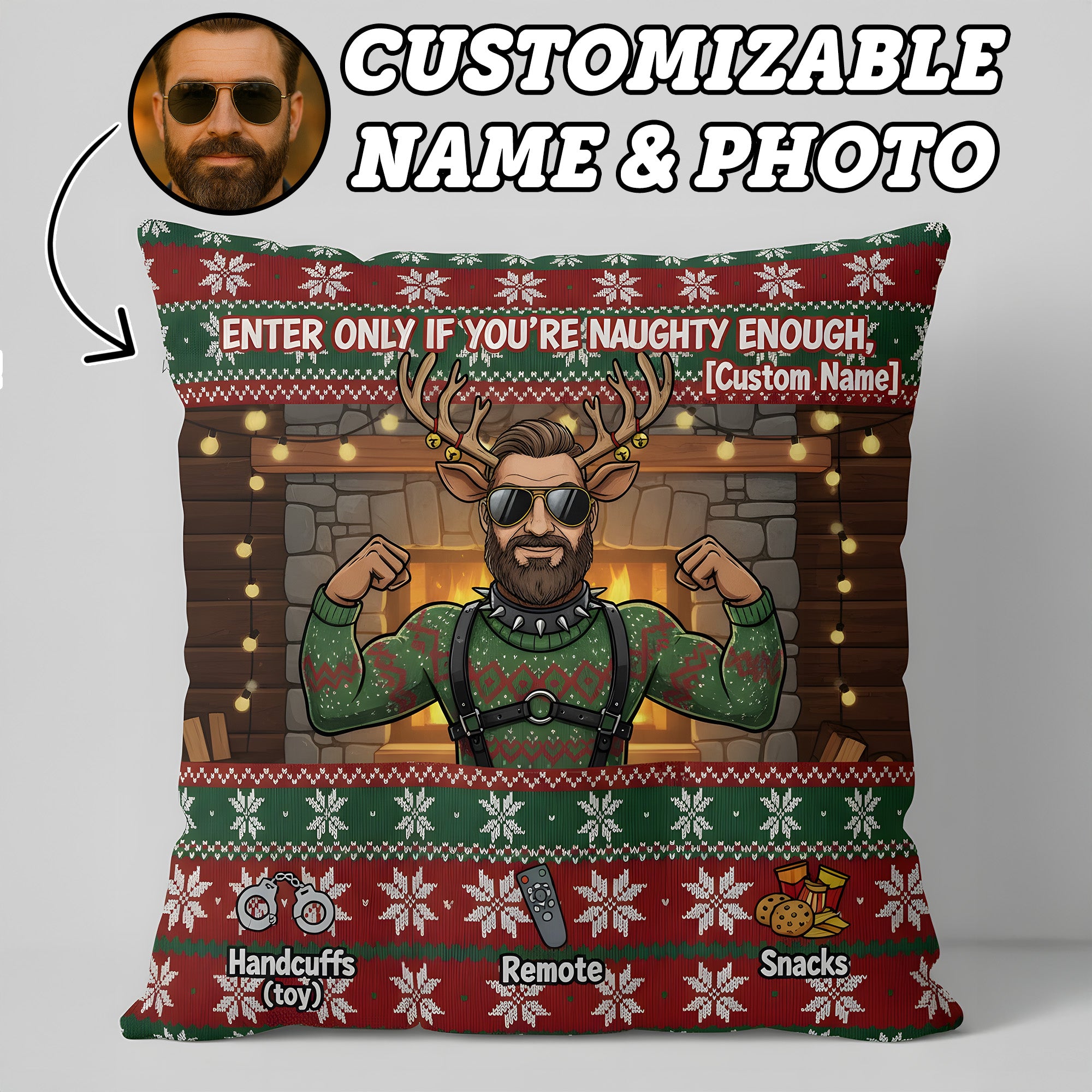 Custom Naughty Christmas Pillow – Funny Personalized Name & Photo Gift, Enter Only If You’re Naughty Enough, Linen Cushion for Men | Pillow55
