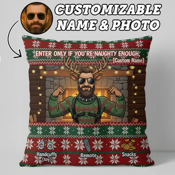 Custom Naughty Christmas Pillow – Funny Personalized Name & Photo Gift, Enter Only If You’re Naughty Enough, Linen Cushion for Men | Pillow55