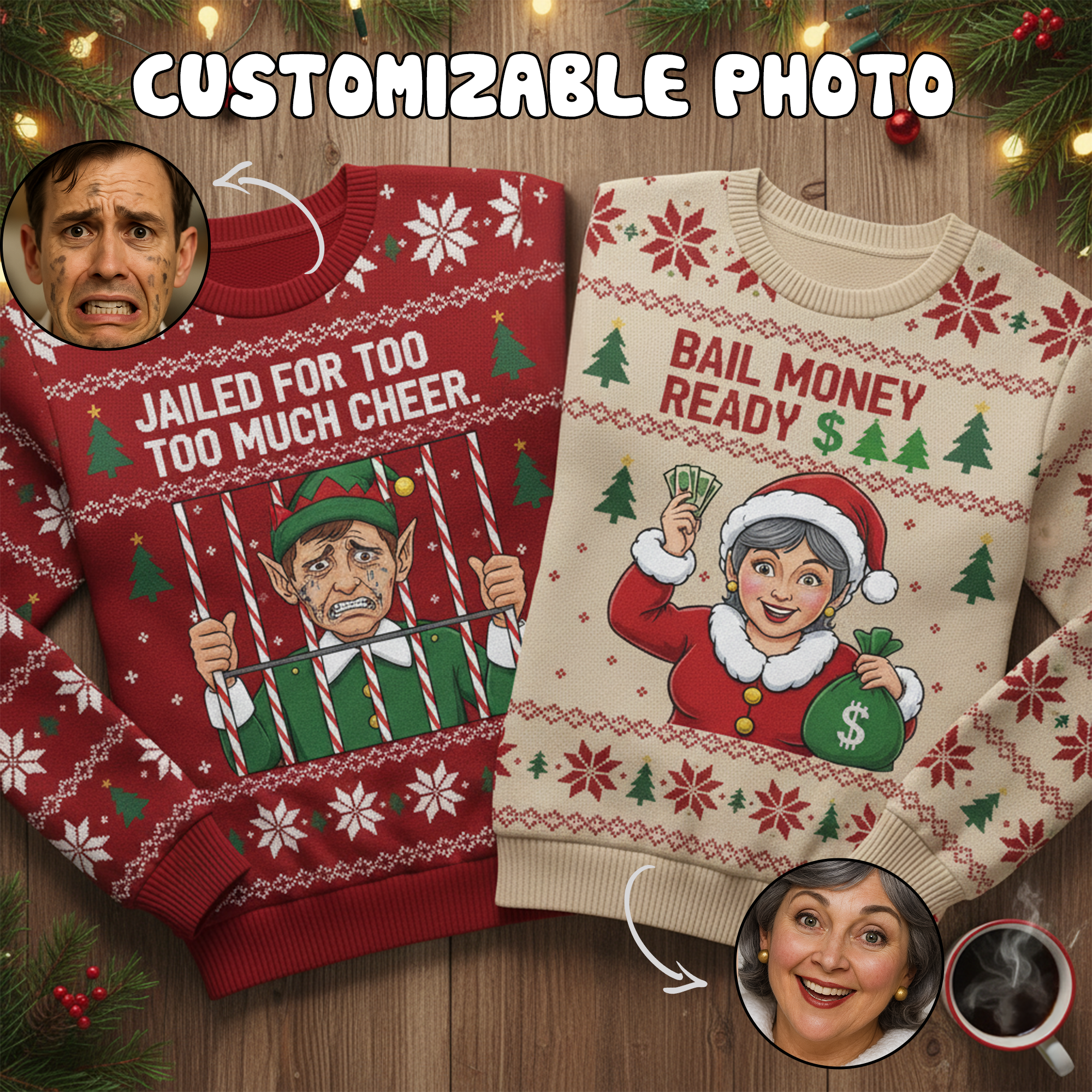 Custom Photo Couple Ugly Christmas Sweater, Jailed for Too Much Cheer, Bail Money Ready, Funny Matching Xmas Jumper, Personalized Sweater | Ugly 62