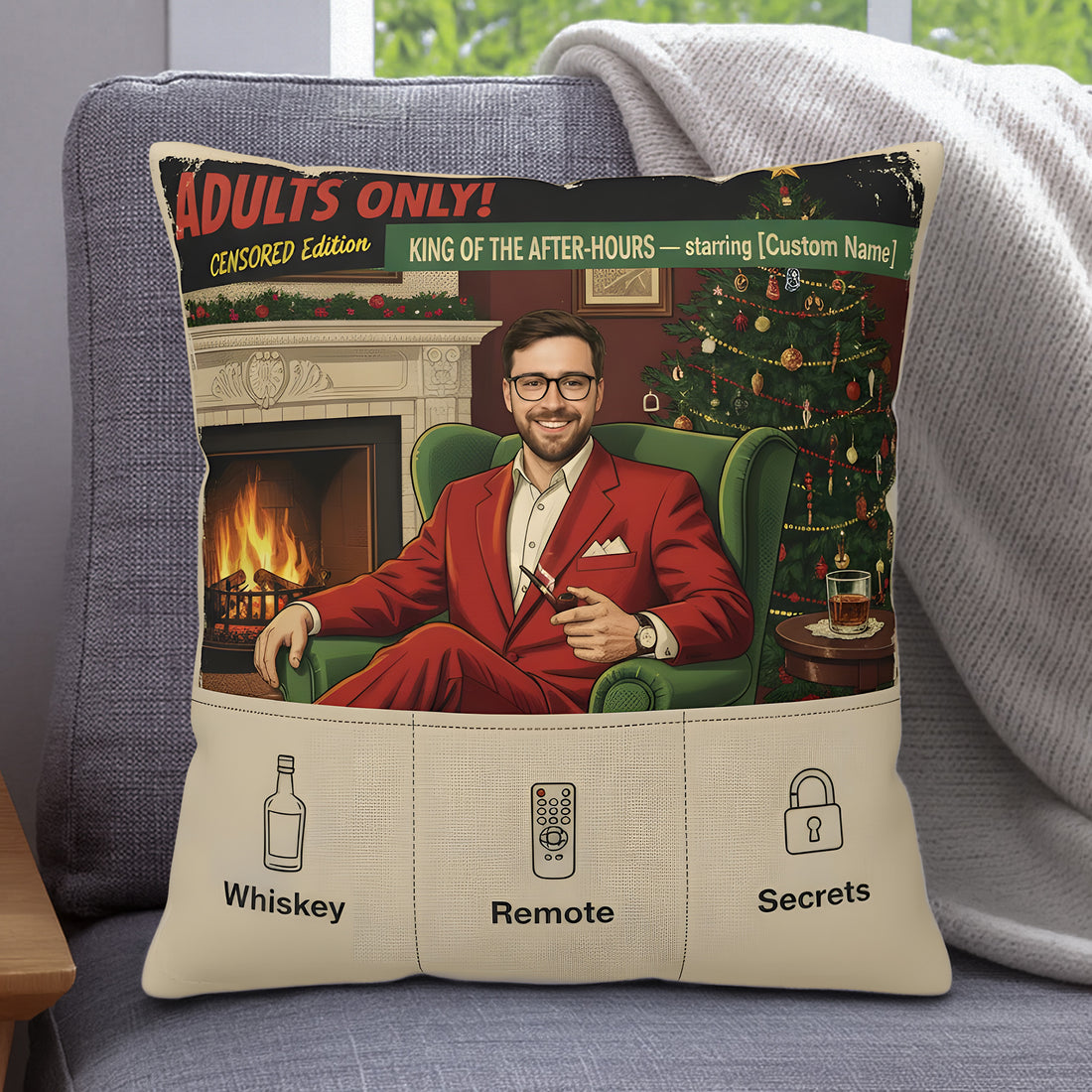 Funny Custom Christmas Pillow – Personalized Photo & Name Gift, Whiskey Lover Holiday Decor Cushion | Pillow69