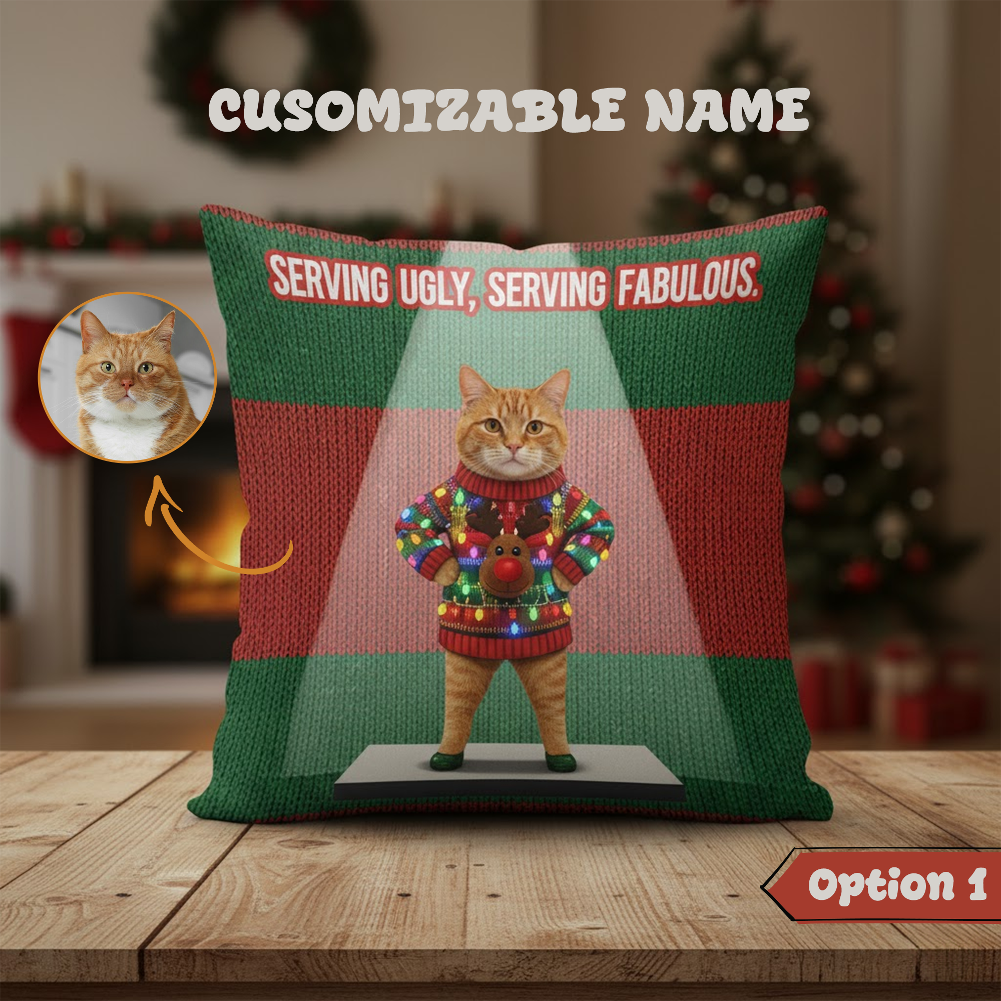 Custom Pet Christmas Pillow – Funny Cat Throw Pillow, “Serving Fabulous” & “Sweater Cost Dignity” Personalized Pet Face Cushion | Pillow 92