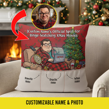 Personalized Christmas Pillow – Custom Face & Name | Christian Gift for Movie Lovers | “Official Spot for Binge-Watching Xmas Movies”