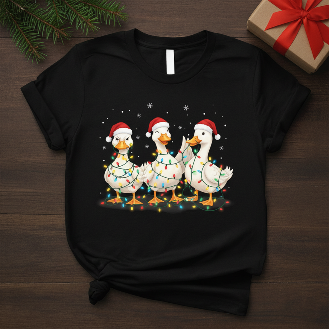 Christmas Duck T-Shirt, Funny Holiday Farm Animal Tee, Cute Xmas Gift for Bird Lovers, Festive Duck Shirt with Santa Hats and Lights | T-shirt 48