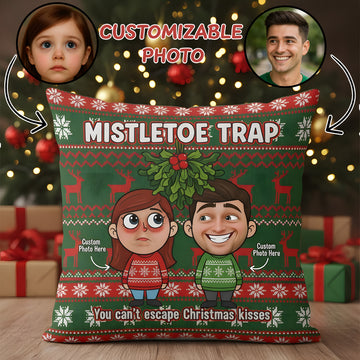 Personalized Christmas Pillow | Custom Face Cushion | Mistletoe Trap Funny Gift | Holiday Home Decor | Couple Xmas Gift | Pillow51