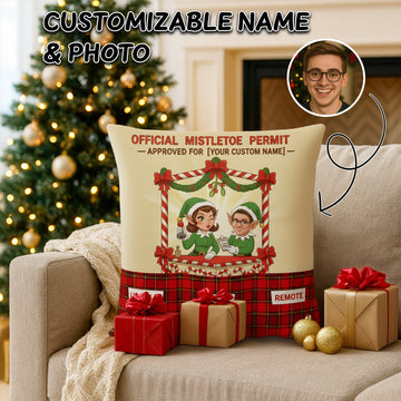 Personalized Christmas Pillow – Custom Face & Name | “Official Mistletoe Permit” Funny & Romantic Holiday Gift | Pillow8