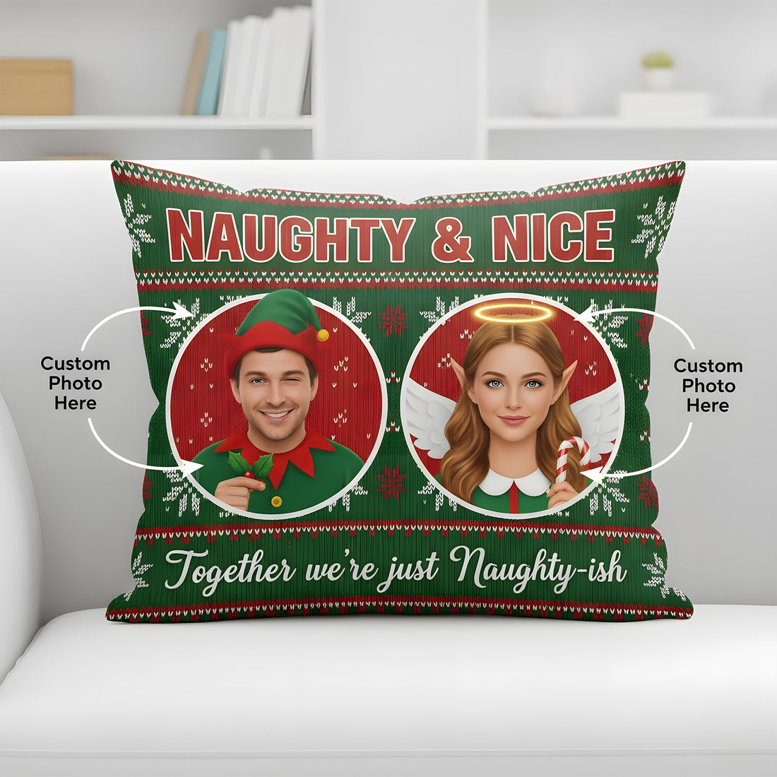 Custom Couple Christmas Pillow – “Naughty & Nice” Personalized Holiday Cushion | Customizable Photos | Funny Romantic Gift for Couples | Pillow23