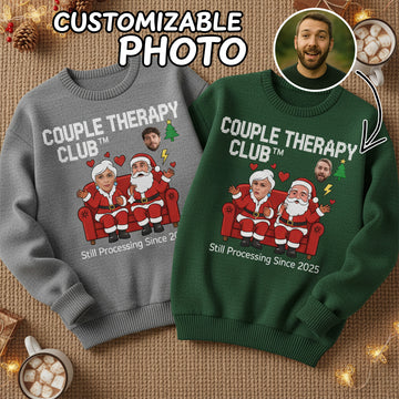 Couple Therapy Club Ugly Christmas Sweater – Customizable Photo, Funny Holiday Jumper, Still Processing Since 2025 | Ugly 28