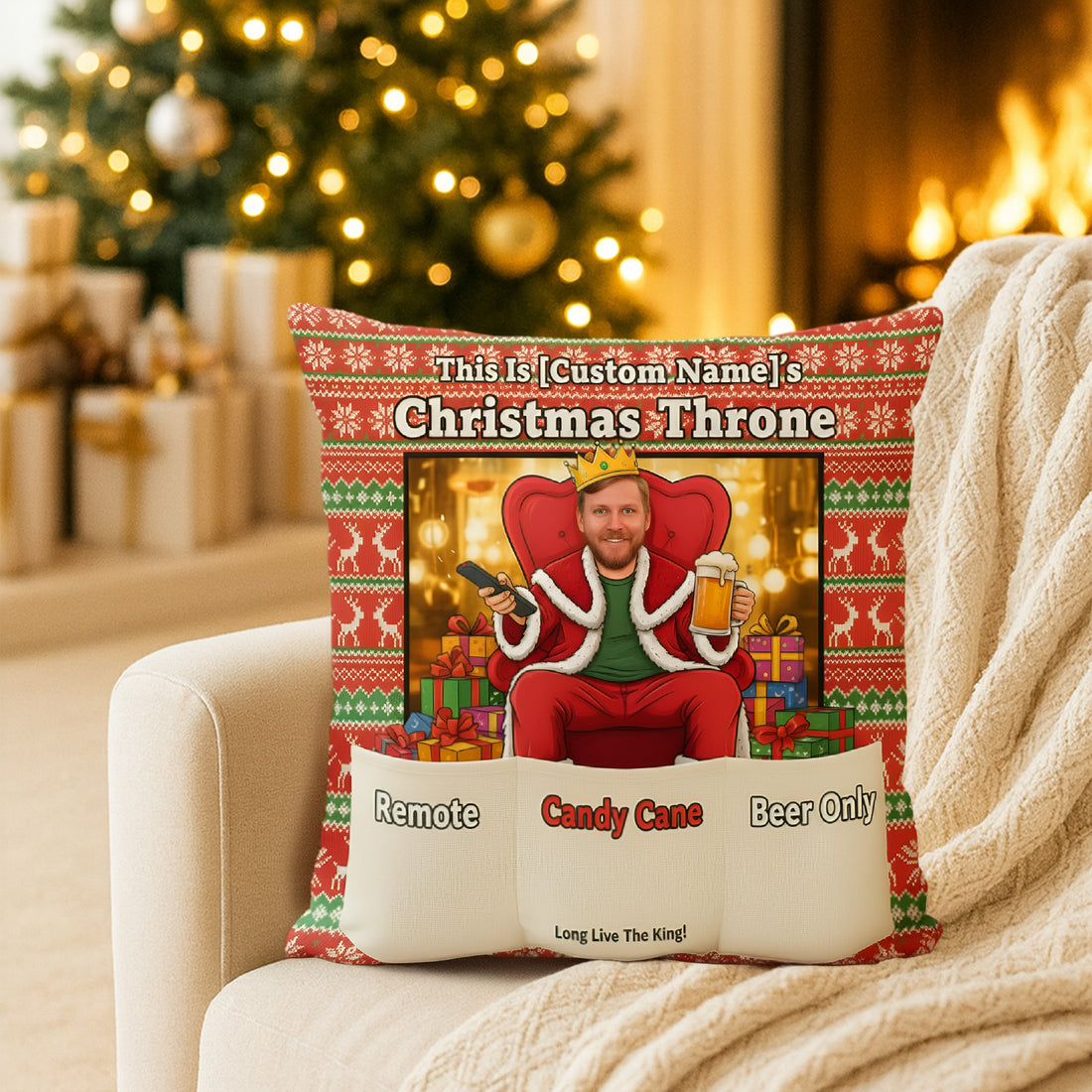Personalized Christmas Pillow – Custom Face & Name | “Christmas Throne” Funny & Faith-Inspired Holiday Gift for Him | Pillow4
