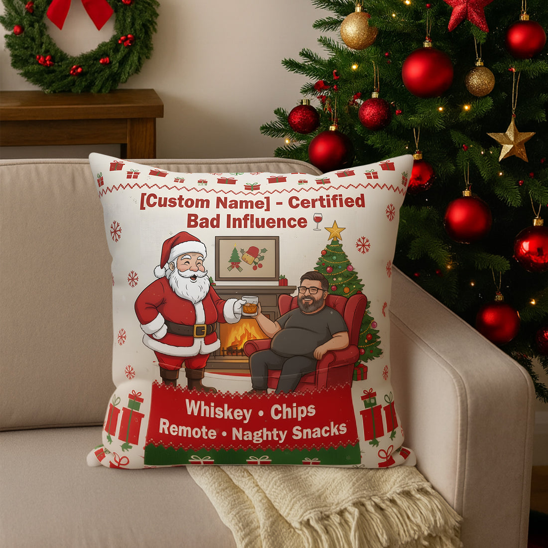 Custom Funny Christmas Pillow – Certified Bad Influence, Personalized Photo & Name Gift, Santa Whiskey Holiday Decor Cushion | Pillow71
